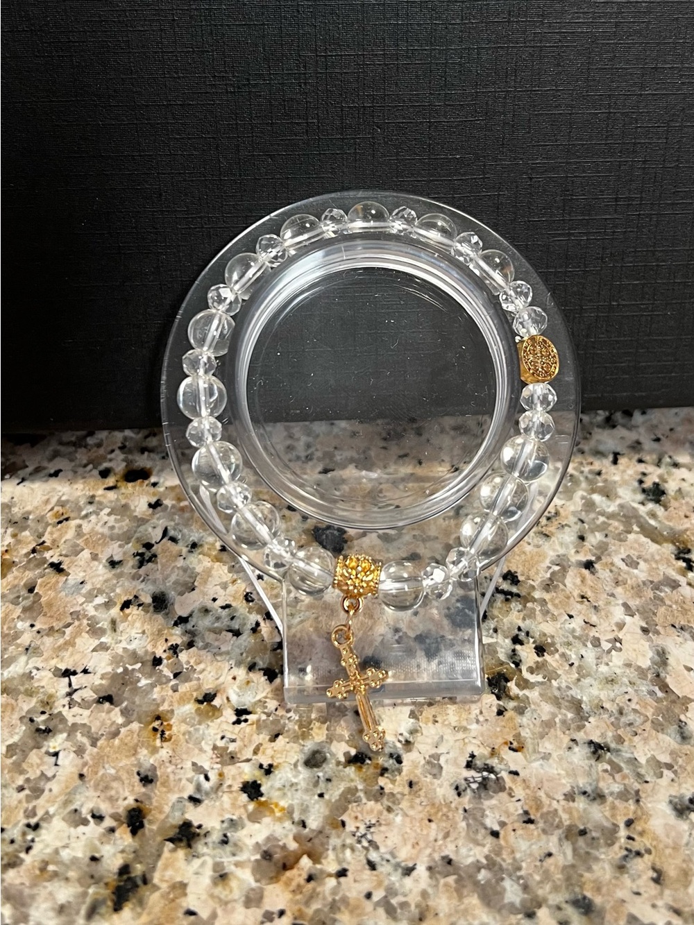 Gold Accent Clear Bead Bracelet with Cross Charm (Size 7 stretch to 7 1/2) New
